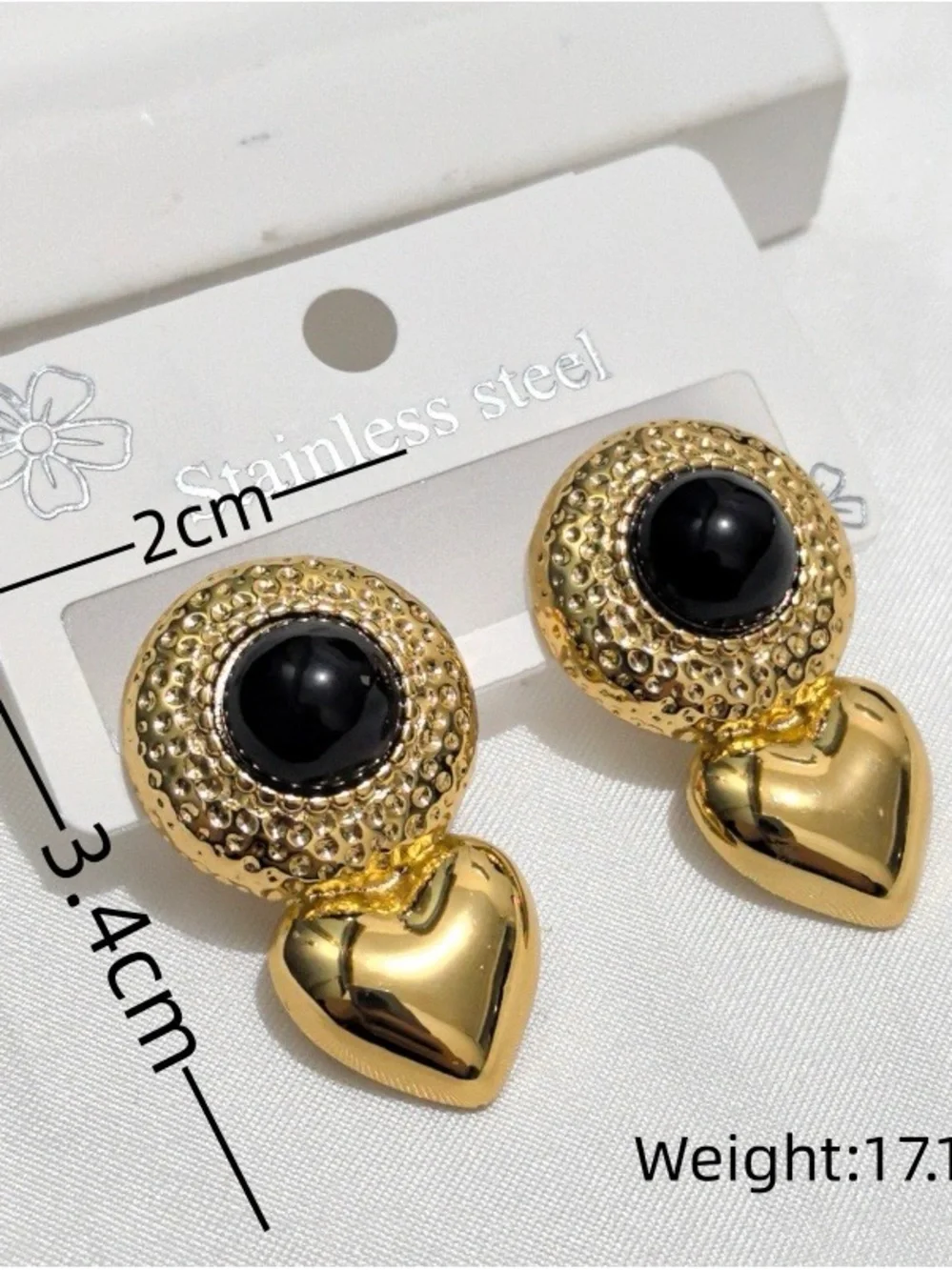 Gold Heart Drop Earrings with Black Center - Stainless Steel